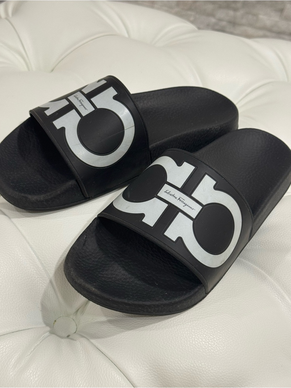 Salvatore Ferragamo Black Slides with Silver Logo Accent